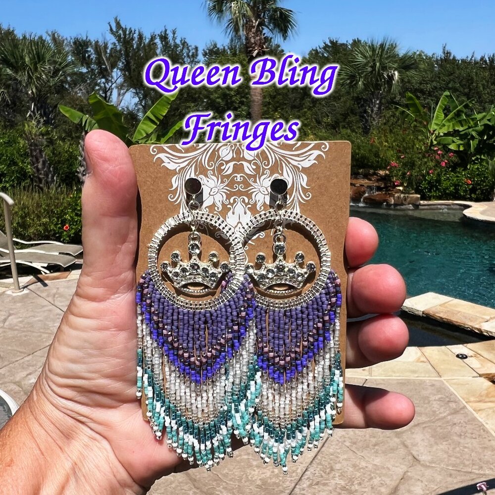 Handmade Beaded Queen Long Fringe Dangle Drop Lightweight Post Hoop Earrings - Picture 1 of 8
